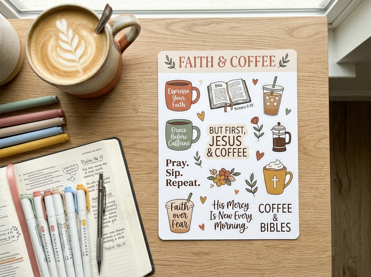 Faith & Coffee 6x8 Kiss-Cut Sticker Sheet Mockup