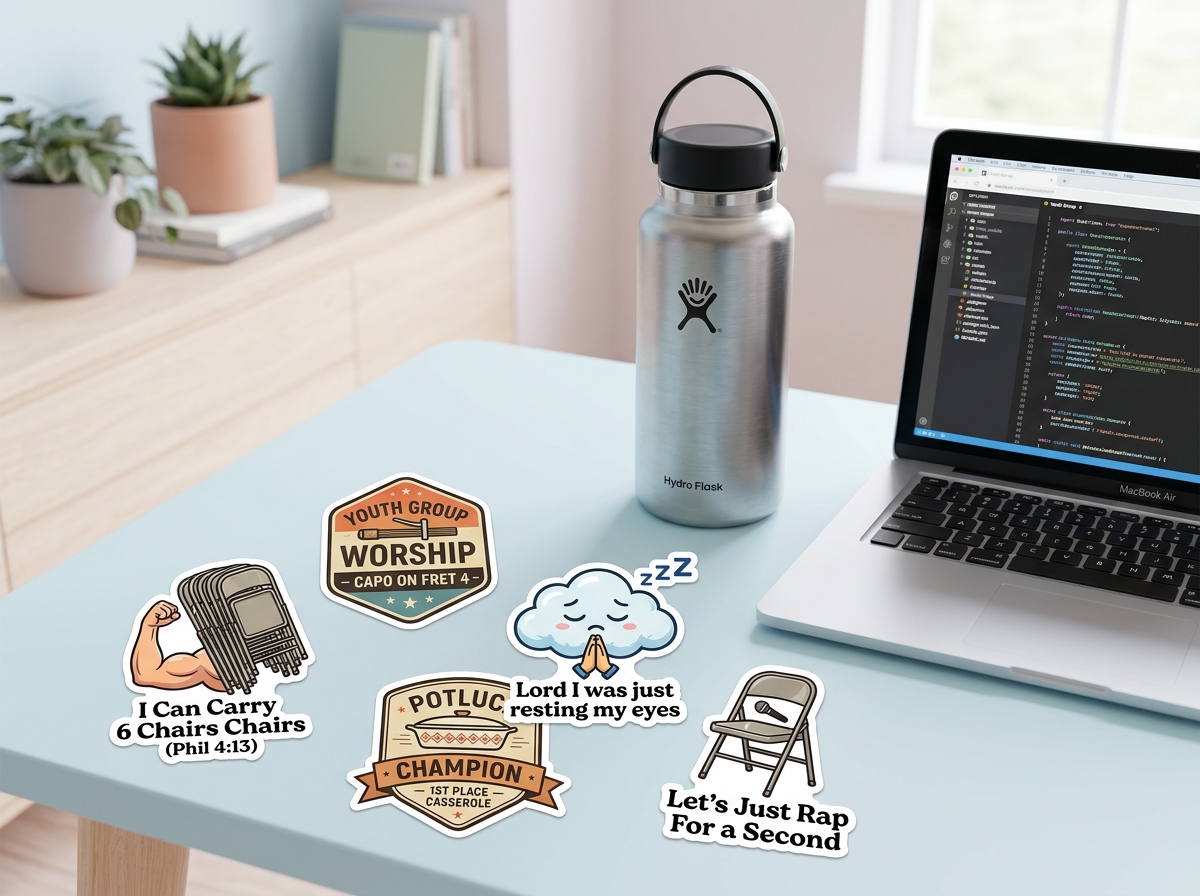 Youth Group Relatable 5-Pack Die-Cut Stickers on Laptop and Flask